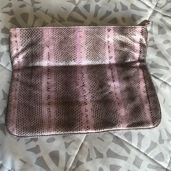 Beirn Striped Snakeskin Print Zipper Envelope Clutch Handbag Pink Large - Picture 3 of 7